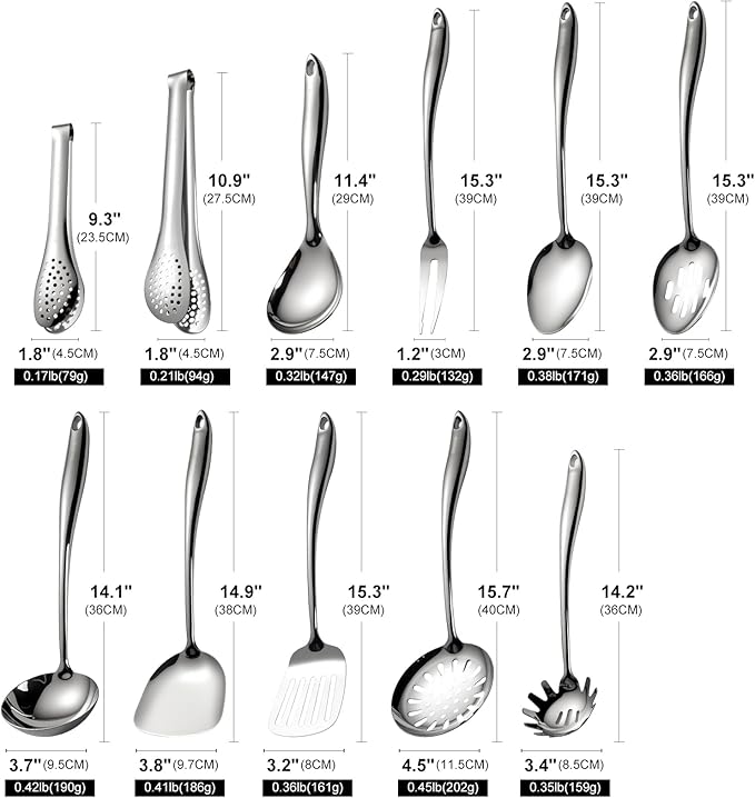 18/10 Stainless Steel Cooking Utensils Set 11 PCS Long Large Metal Cooking Utensil Tools Set Mirror Polished Kitchen Gadget Cookware and Kitchen Tool Set Dishwasher Safe