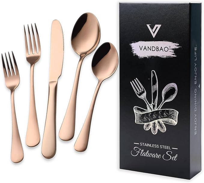 VANDBAO Coppery Flatware Cutlery Silverware Set 20 Pieces Stainless Steel Colorful Utensils Tableware Set Service for 4 Include Knife/Fork/Spoon Reusable Mirror Polished Dishwasher Safe