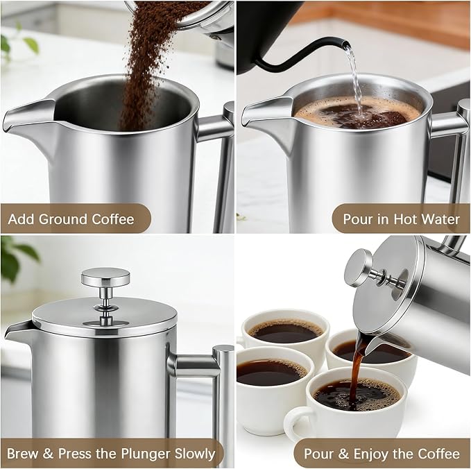French Press Coffee Maker 304 Grade Stainless Steel French Press with 2 Extra Filters for Home Office Travel Camping - 34OZ/1 Litre (Sliver)