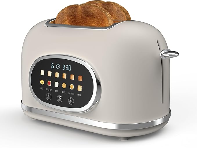 Rae Dunn Retro Digital Electric Toaster 2 Slice Stainless Steel Toaster With Touchscreen Countdown Timer 6 Shade Settings Wide Slots High Lift Lever Bagel Defrost &amp Reheat Digital Cream
