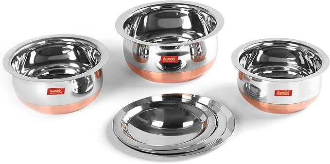Sumeet Stainless Steel Copper Bottom Belly Shape 3 Pc Tope/Cookware/Pot Set with Lid 380ML 500ML 780ML (Silver)