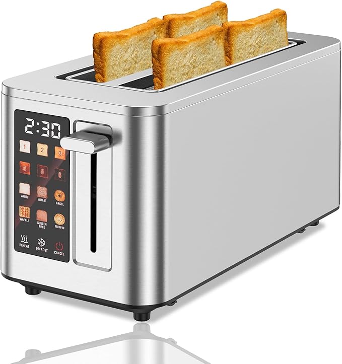 Touch Screen Toaster 4 Slice 4 Bread Types 4 Shade Settings LCD Display Extra Wide 1.5 Slots Memory Function 1400W16.54 * 8.66 * 7.48inch