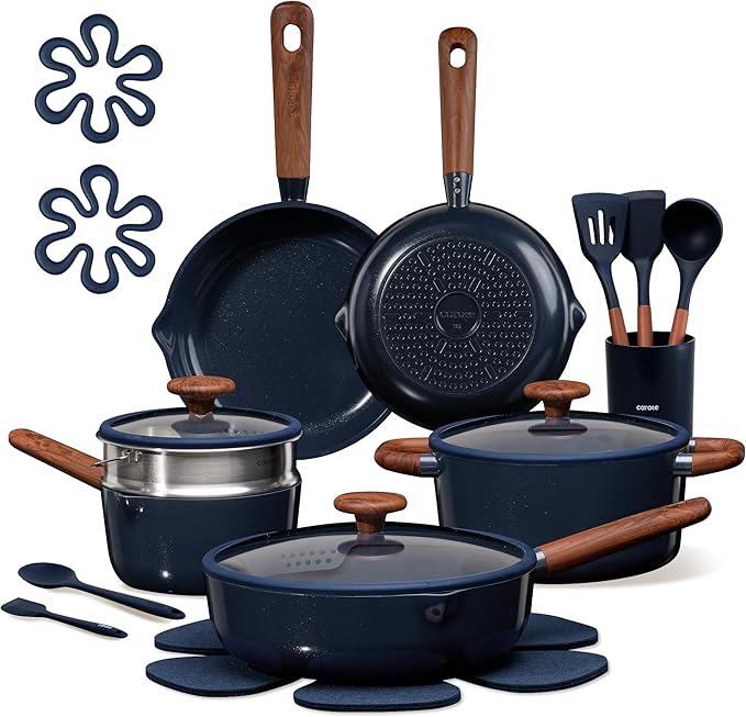 CAROTE 21pcs Cookware Set Nonstick Pots and Pans Set Ceramic Cookware Set Induction Cookware Non toxic Healthy Non Stick Kitchen Cooking Set PFAS PTFE Free Blue