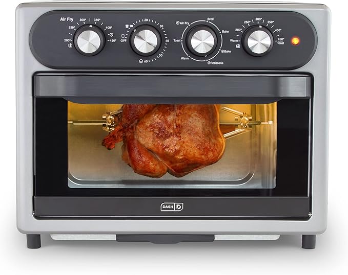 Dash Chef Series 7 in 1 Convection Toaster Oven Cooker Rotisserie + Electric Air Fryer with Non-stick Fry Basket Baking Pan &amp Rack Skewers Drip Tray &amp Recipe Book 23L Graphite