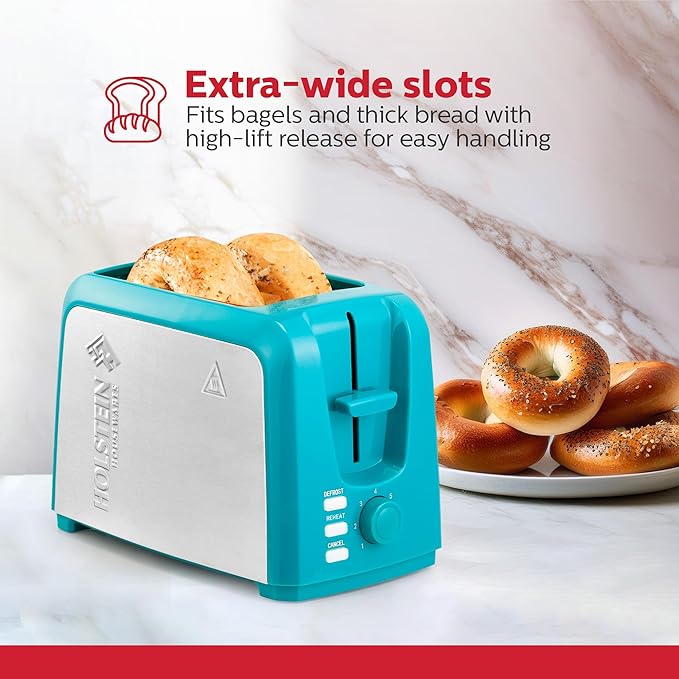 Holstein Housewares 2-Slice Toaster with 7 Browning Settings Extra-Wide Slots Reheat Defrost Cancel High-Lift Release Removable Crumb Tray – Compact Stainless Steel Teal