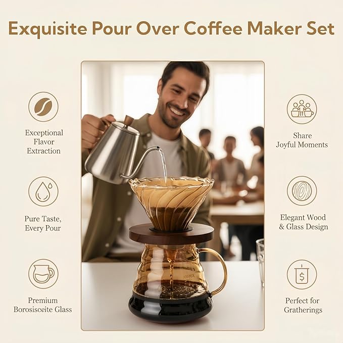 Pour Over Coffee Maker Set 20 oz 600 ml Borosilicate Glass Coffee Server with Glass Lid 50 pcs Paper Filter Walnut Handle Pour Over Coffee Dripper for Home Café Restaurant Gold