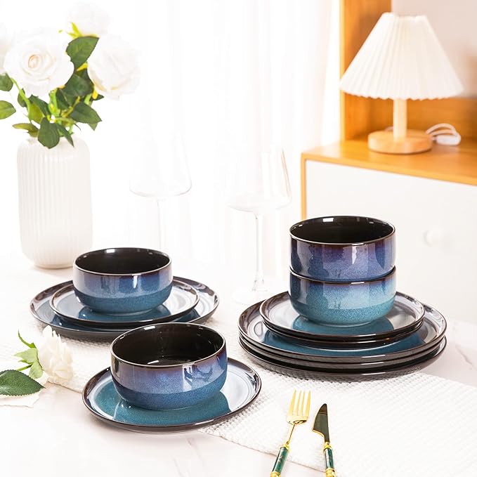 Ceramic Dinnerware Sets of 6Poreclain Plates and Bowls SetsHandmade Reactive Glaze Dishes SetChip Resistant and Scratch Resistant | Oven&ampDishwasher &amp Microwave Safe-BLUE (30PCS)
