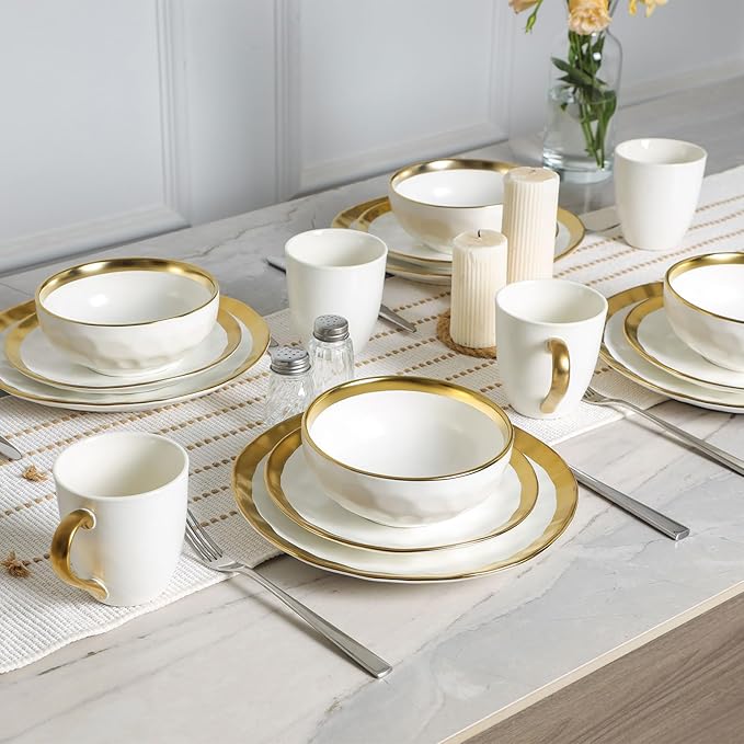 Vicrays 12-Piece Ceramic Dinnerware Set Dinner Plates Salad Plates &amp Cereal Bowls Dish Set for 4 Microwave Oven &amp Dishwasher Safe Scratch Resistant White with Golden