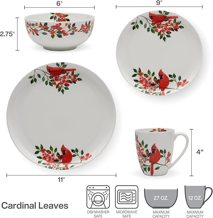 Mikasa Cardinal Leaves Holiday Bone China Lightweight Chip Resistant Dinnerware Set Service for 4