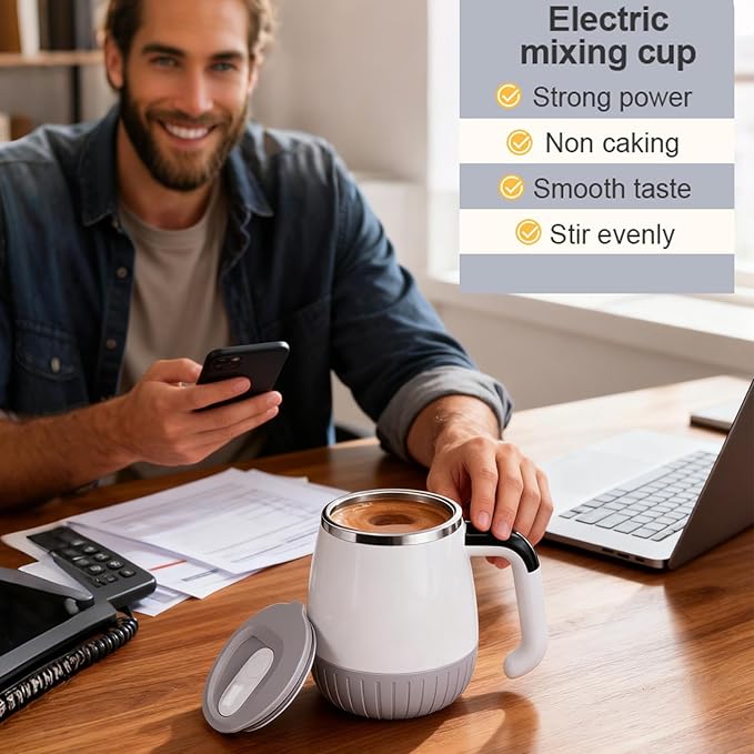 Self Stirring Coffee Mug - Mixing Blending Tumbler with Lid | Automatic Magnetic Stirring Coffee Cup for Milk Tea Beverage Chocolate Cafe Kitchen Desk Camping Travel
