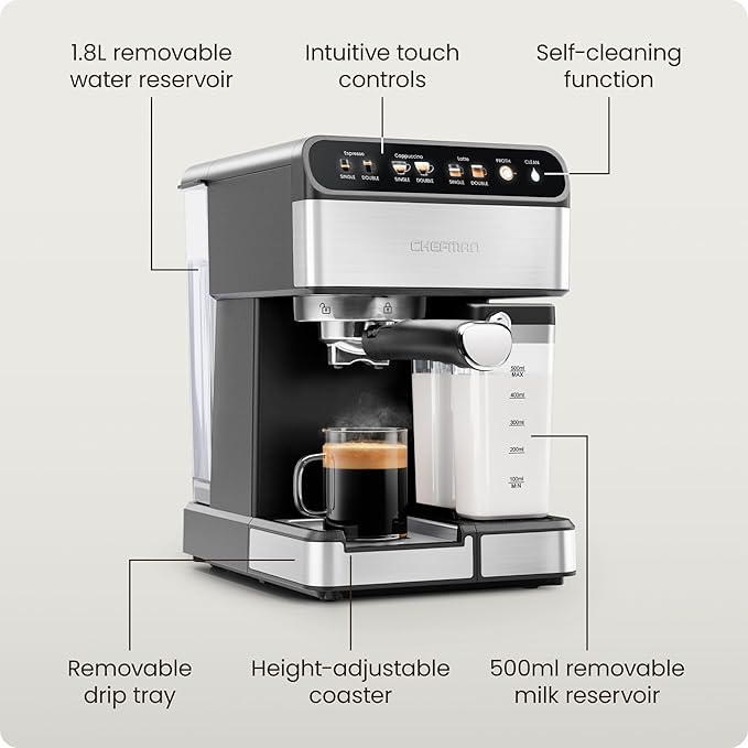 Chefman CaféMaster Pro Espresso Machine Brew Single or Double Shots Coffee Maker with Built-In Milk Frother for Cappuccino &amp Latte XL 1.8 Liter Removable Water Reservoir - Stainless Steel