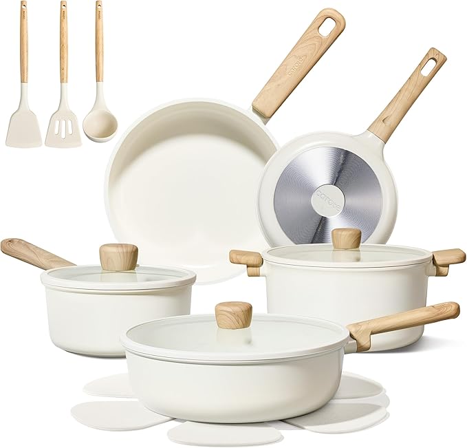 CAROTE 16pcs Ceramic Cookware Sets Pots and Pans Set Non Stick Healthy Cookware Set Induction Kitchen Pots and Pans PFAS/PFOA Free