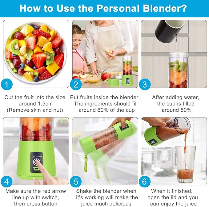 Portable Blender Smoothies Personal Blender Mini Shakes Juicer 380 ml Cup USB Rechargeable Cordless Shaker Bottle (Blue) 8x3 (Q2-6888)