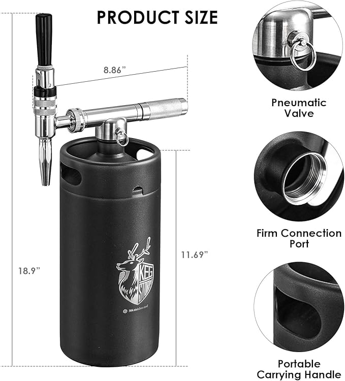 Stainless Steel 128 oz （3.8L）Nitro Cold Brew Coffee Maker - Portable Mini Keg System - with Stout Creamer Faucet Large Home Keg - Collapsible Funnel &amp Drip Mat