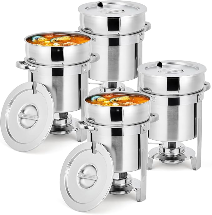 11QT 4-Piece Stockpot Set Stainless Steel Round Stockpot with Pot Grooved Lid and Fuel Rack Commercial Food Warmer for Buffets Events and Party Serving