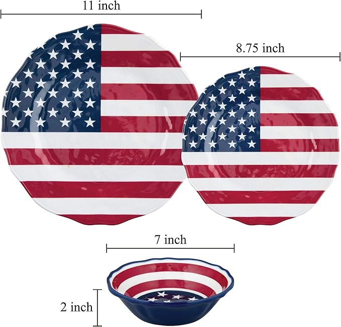 Supreme Housewares 12-Piece Melamine Dinnerware Set Includes Dinner Plates Salad Plates Bowls Service for 4. (American Flag)