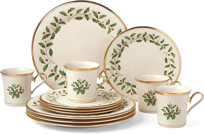Lenox Dinnerware Set Holiday 12-Piece Set Service For 4 Porcelain Plate Berry Motif With 24-Karat Gold Accents Christmas Dinner Plates Salad Plates And Mugs Dishwasher Safe (Assorted 12 Piece)