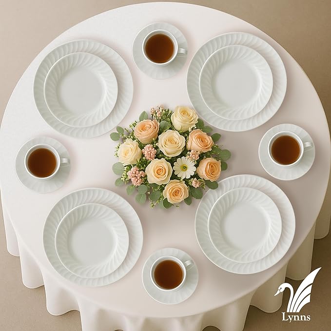 Lynns Paradise Imperial White 20pc Dinnerware Set Embossed Swirl Detail Elegant Versatility Timeless White Finish Includes Dinner Plates Bowls Cups and Saucers Full Tabletop Set