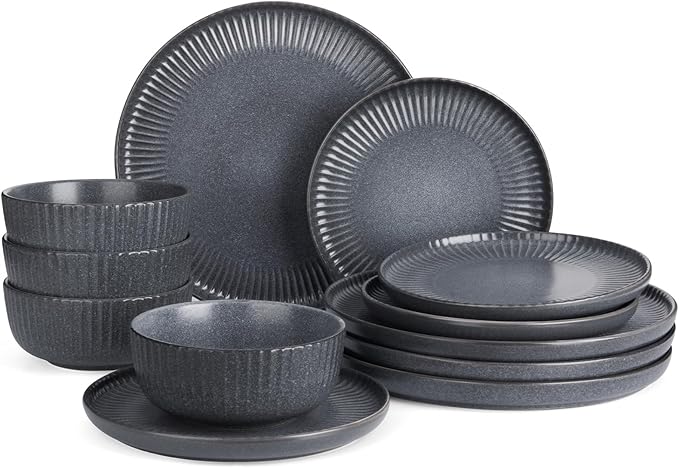 Famiware Starlight Plates and Bowls Dishes Set of 4 (12 Pieces) Ribbed Textured Stoneware Dinnerware Sets- Dishwasher &amp Microwave Safe Chip Resistant Matte Midnight Grey