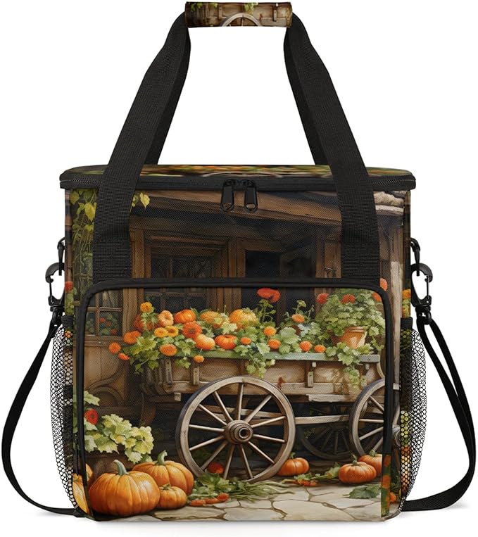 Farmhouse Pumpkin Coffee Maker Travel Bag for Keurig K-Mini/K-Mini Plus Insulated Waterproof Tote with Pockets for K-Cup Portable Single-Serve Brewer Case