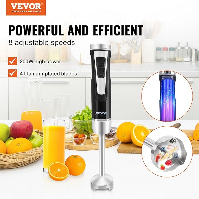 VEVOR Hand Blender 8 Variable Speeds Immersion Blender Stainless Steel Handheld Blender Powerful Motor Hand Mixer USB Charging Cable Multi-purpose Easy Control Grip Stick Mixer
