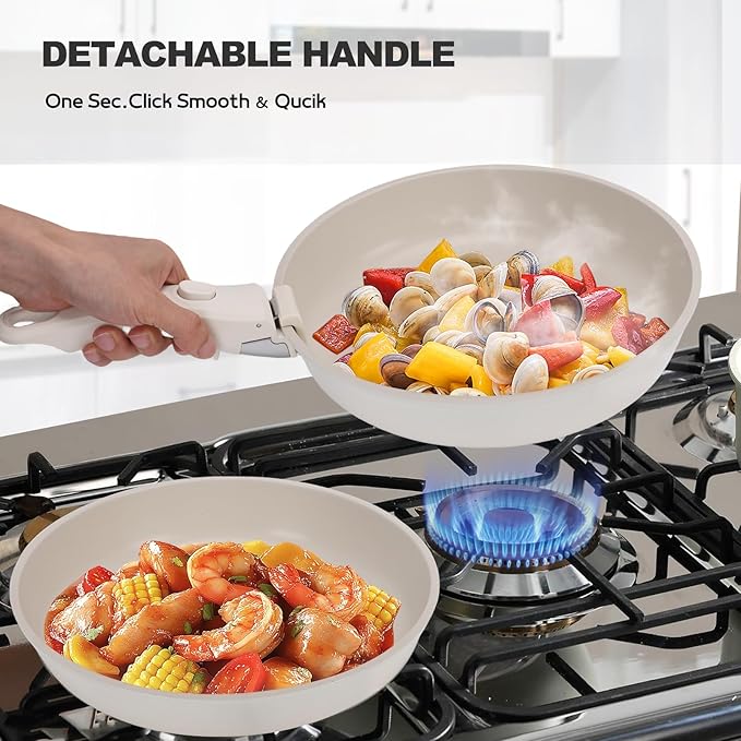 20 Piece Ceramic Pots and Pans Set Non Stick Cookware Set with Detachable Handles Oven Safe Induction Ready Stackable RV Kitchen Cooking Set Cream White