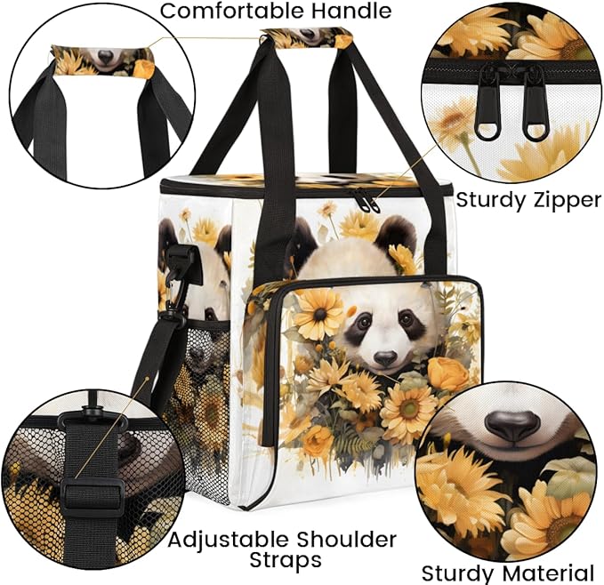 Cute Panda Coffee Maker Carrying Bag Sunflower Garland Travel Storage Bag Compatible with K-Mini or K-Mini Plus Single Serve Coffee Brewer Carrying Case with Multiple Pockets &amp Shoulder Strap