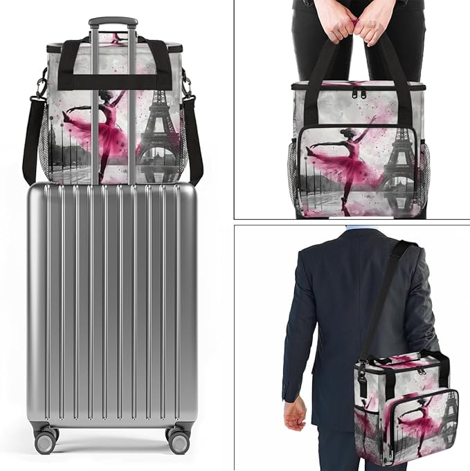 Paris Eiffel Tower Travel Coffee Maker Carrying Bag Pink Large Organizer Storage Tote Bag Insulated Reusable Cooler Lunch Bags