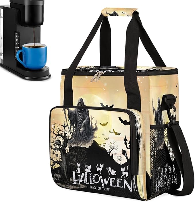 Halloween Skull Scythe Bat Coffee Maker Carring Bag Travel Carrying Storage Tote Bag Compatible with Keurig K-Mini or K-Mini Plus Portable Single Serve Coffee Brewer Case with Pockets for K-cup Pods