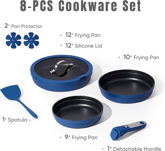 CAROTE 8Pcs Non Stick Frying Pans Set 3 Sizes(81012 Inch) Kitchen Nonstick Skillets with Detachable Handle Cooking Pan with lid Oven Safe Induction Cookware Stackable Kitchen Set Blue