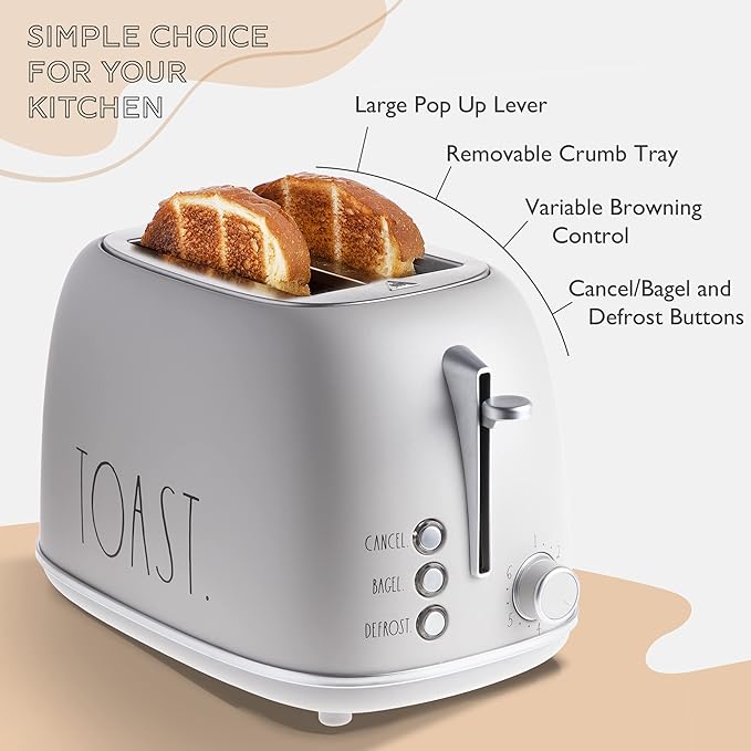Rae Dunn Retro Rounded Bread Toaster 2 Slice Stainless Steel Toaster with Removable Crumb Tray Wide Slot with 6 Browning Levels Bagel Defrost and Cancel Options Sand