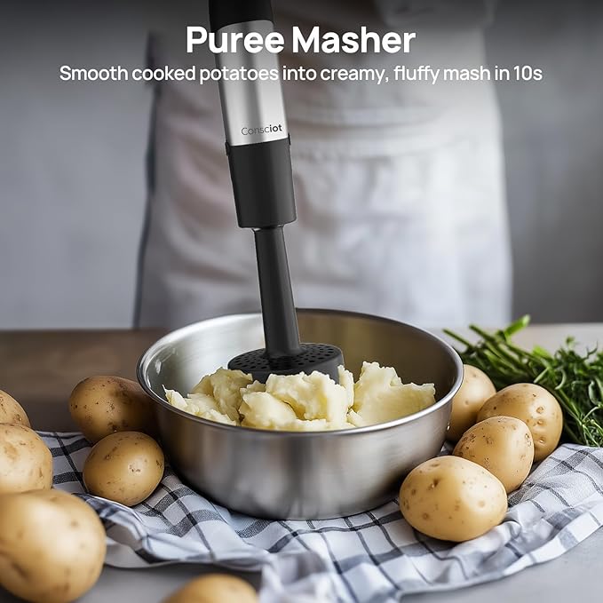 Consciot 7-in-1 Immersion Blender Handheld Max 1100W Stick Emulsifier with Entire Stainless Steel Blender Shaft Trigger Speed Control 800ml Beaker 600ml Chopper Beaters Frothers Hooks &amp Mas