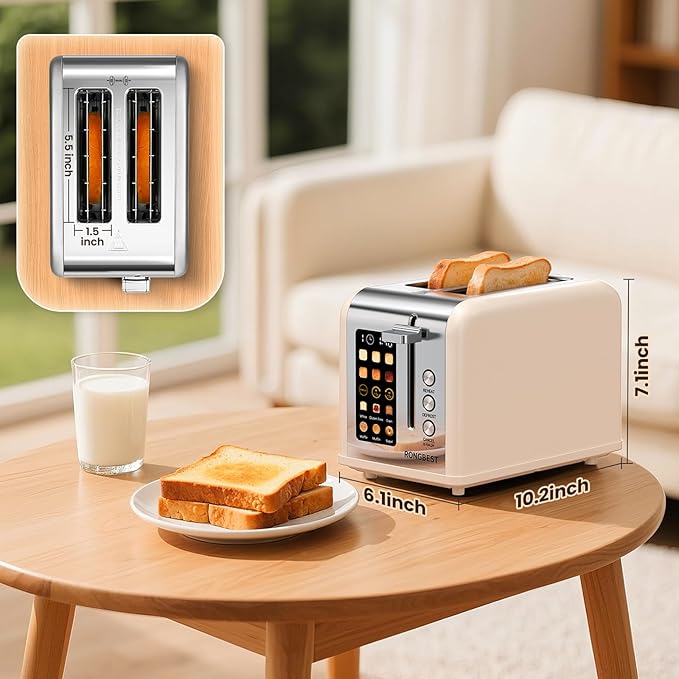 2 Slice Easy Touch Screen Toaster Stainless Steel Toaster with Wide Slots Even Toasting for Bagels &amp Bread Reheat &amp Defrost Removable Crumb Tray Cream Color