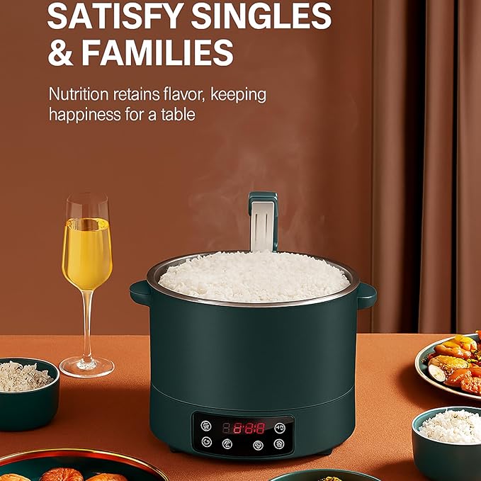 3L Low Sugar Rice Cooker with Lifting Steamer Basket Electric Stainless Steel Rice Maker Carb Reducing Fast Heating 3-Speed Touch Control Compact for Dorm Home Kitchen UseGreen