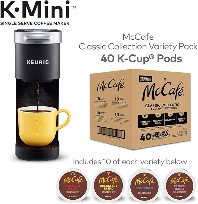 Keurig K-Mini Coffee Maker Single Serve K-Cup Pod Coffee Brewer Black with McCafe Classic Collection Variety Pack K-Cup Coffee Pods 40 Count