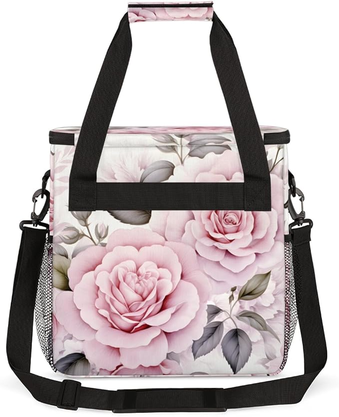 Pink Flower Travel Coffee Maker Carrying Bag Pink Floral Large Organizer Storage Tote Bag Insulated Reusable Cooler Lunch Bags