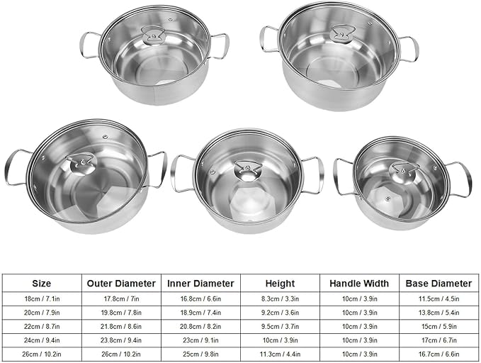 SUS Stainless Steel Cookware Set Kitchen Cooking Pots Set with Glass Lids for Everyday Cooking 18 to 26cm