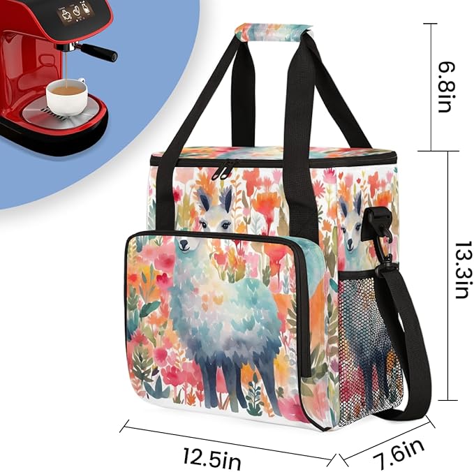Alpaca Flower Coffee Maker Carrying Bag Portable Travel Storage Tote Bag Compatible with K-Mini or K-Mini Plus Single Serve Coffee Brewer Carrying Case with Multiple Pockets &amp Shoulder Strap