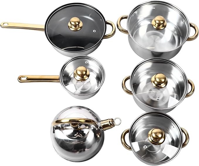 Kitchen Pots 12Pcs Stainless Steel Cookware Set With Golden Handles Compatible With Cooktops Multiple Sizes For Home Cooking And Easy To Pots And Pans For Gas Electric Induction
