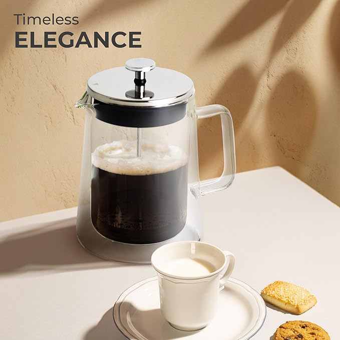 Kaffe Glass French Press Coffee Maker (27oz / 0.8L) - Double-Wall Insulated Borosilicate Glass Coffee Press - Travel &amp Camping - Homemade French Press Coffee