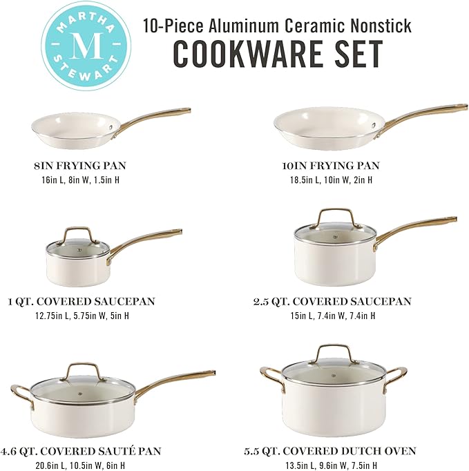 Martha Stewart Lockton Premium Nonstick PFA Free Ceramic Interior 10 Piece Heavy Gauge Enamel Aluminum Pots and Pans Cookware Set - Linen White w/Gold Handle &amp Gatwick 7 QT Enamel Cast Iron Dutch