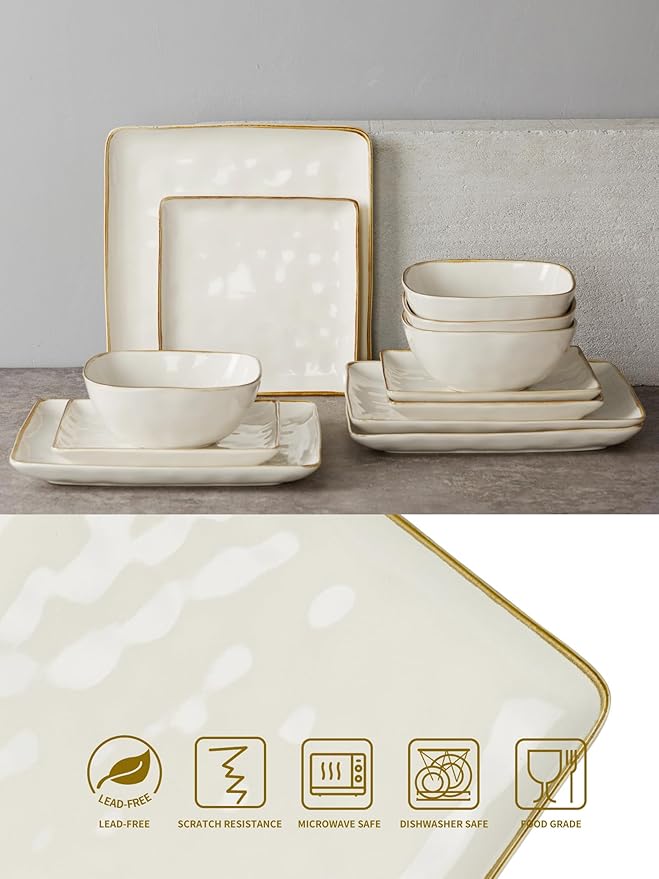 Famiware Ocean Square 12 Pieces Dinnerware Set + 6 Pieces Oval Dipping Bowl Set Microwave and Dishwasher Safe Vanilla White