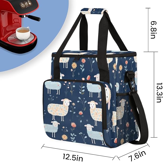 Sheep Florals Coffee Maker Carrying Bag Cute Sheep Travel Storage Bag Compatible with K-Mini or K-Mini Plus Single Serve Coffee Brewer Carrying Case with Multiple Pockets &amp Shoulder Strap