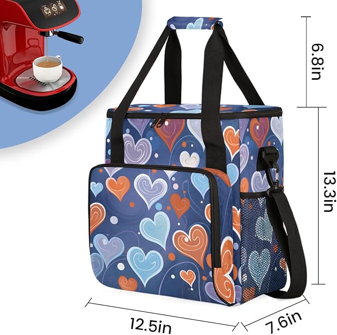 Abstract Heart Coffee Maker Carrying Bag Portable Travel Storage Tote Bag Compatible with K-Mini or K-Mini Plus Single Serve Coffee Brewer Carrying Case with Multiple Pockets &amp Shoulder Strap