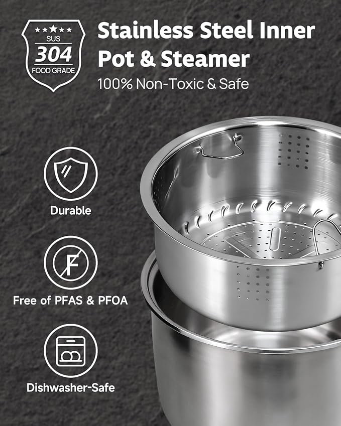 YOKEKON Rice Cooker Stainless Steel Inner Pot PFAS-Free Dishwasher Safe Low Carb &amp Low Sugar Large Rice Cookers 8 Cup with Steamer Basket 24H Delay Timer and Auto Keep Warm FeatureBlack