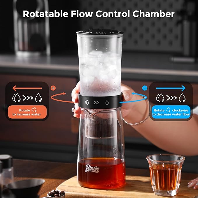 Bincoo Glass Ice Coffee Dripper with Adjustable Dripe Flow Control Cold Brew Coffee Maker - 450ML Precision Drip Brewer Tower for Smooth Low-Acidity Cold Brew Concentrate