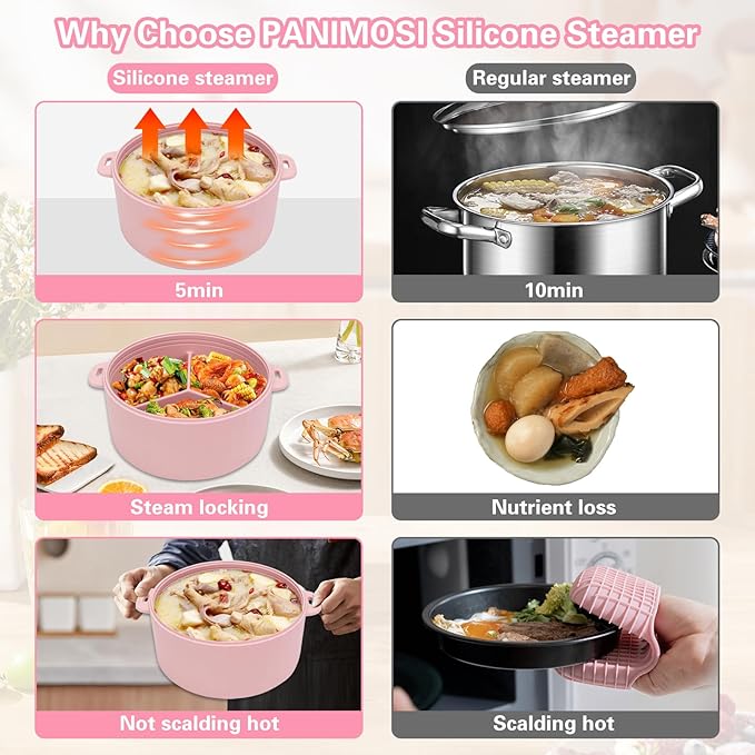 BestYiJo Microwave Rice Cooker 2-Layer Microwave Pasta Cooker and Steamer for Rice Vegetables Quinoa Oatmeal Ramen –Silicone Non-Stick(PINK)