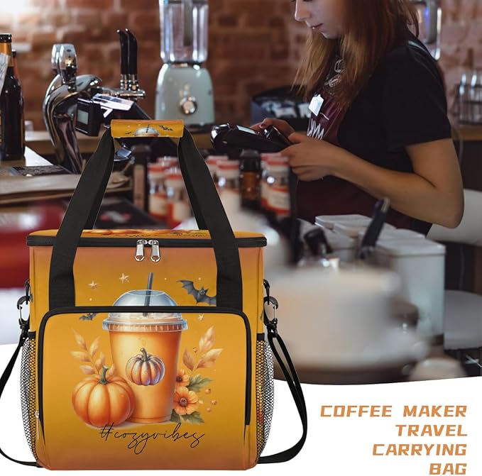 Halloween Drink Pumpkin Blossom Coffee Maker Carring Bag Travel Carrying Storage Tote Bag Compatible with Keurig K-Mini or K-Mini Plus Portable Single Serve Coffee Brewer Case with Pockets