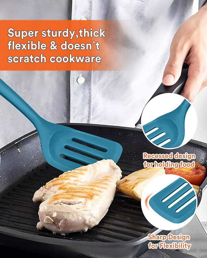 Kitchen Utensils Set 13PCS Silicone Cooking Utensils Heat Resistant Kitchen Utensil Spatula Set for Nonstick Cookware Wooden Handles Kitchen Gadgets Tools Set (BLUE)
