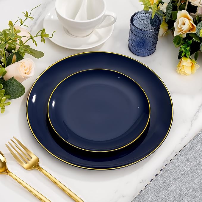 bUCLA 150PCS Blue and Gold Plastic Plates - 25 Guests Navy Blue Plastic Dinnerware Disposable for Party and Passover - Include 25 Dinner/Dessert Plates 25 Knives 25 Forks 25 Spoons 25 Cups